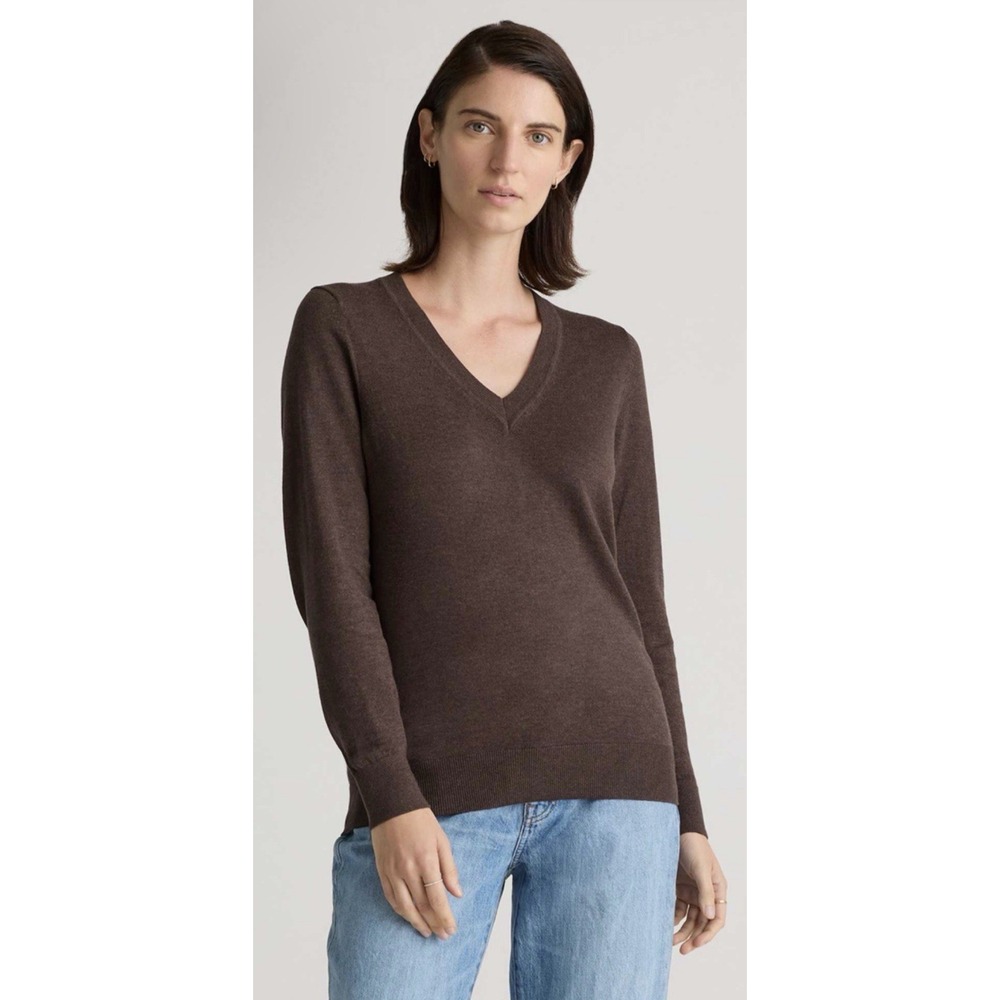 Quince lightweight V-neck sweater Brown Size Small Mocha‎ Heather